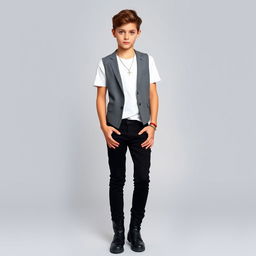 A fashionable teenage model with striking green eyes, wearing a white T-shirt paired with a sophisticated gray vest