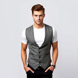 A handsome man with piercing green eyes, wearing a stylish white T-shirt and a sharp gray vest