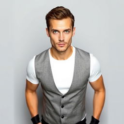 A handsome man with piercing green eyes, wearing a stylish white T-shirt and a sharp gray vest