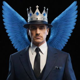 A man dressed in classic mafia attire, complete with a crown marked with the number 4. Holographic blue wings sprout dramatically from his back.