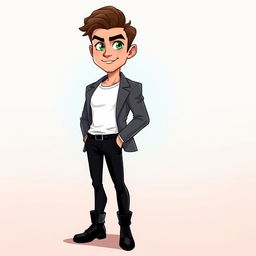 A cartoon depiction of a confident man with striking green eyes, wearing a crisp white T-shirt and a smart gray jacket