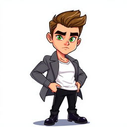 A cartoon depiction of a confident man with striking green eyes, wearing a crisp white T-shirt and a smart gray jacket