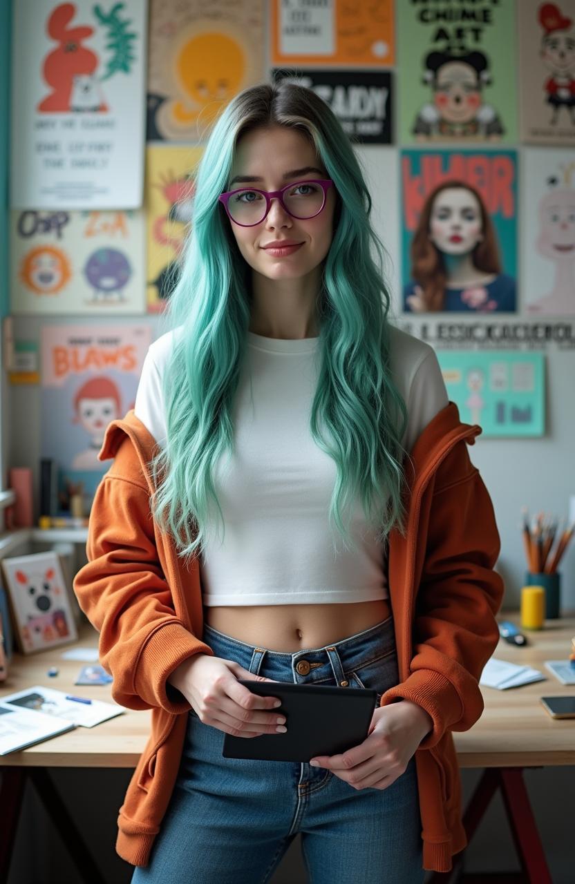 A professional quality full-body photo of a pretty Polish woman, 25 years old, with long teal-colored hair and full lips