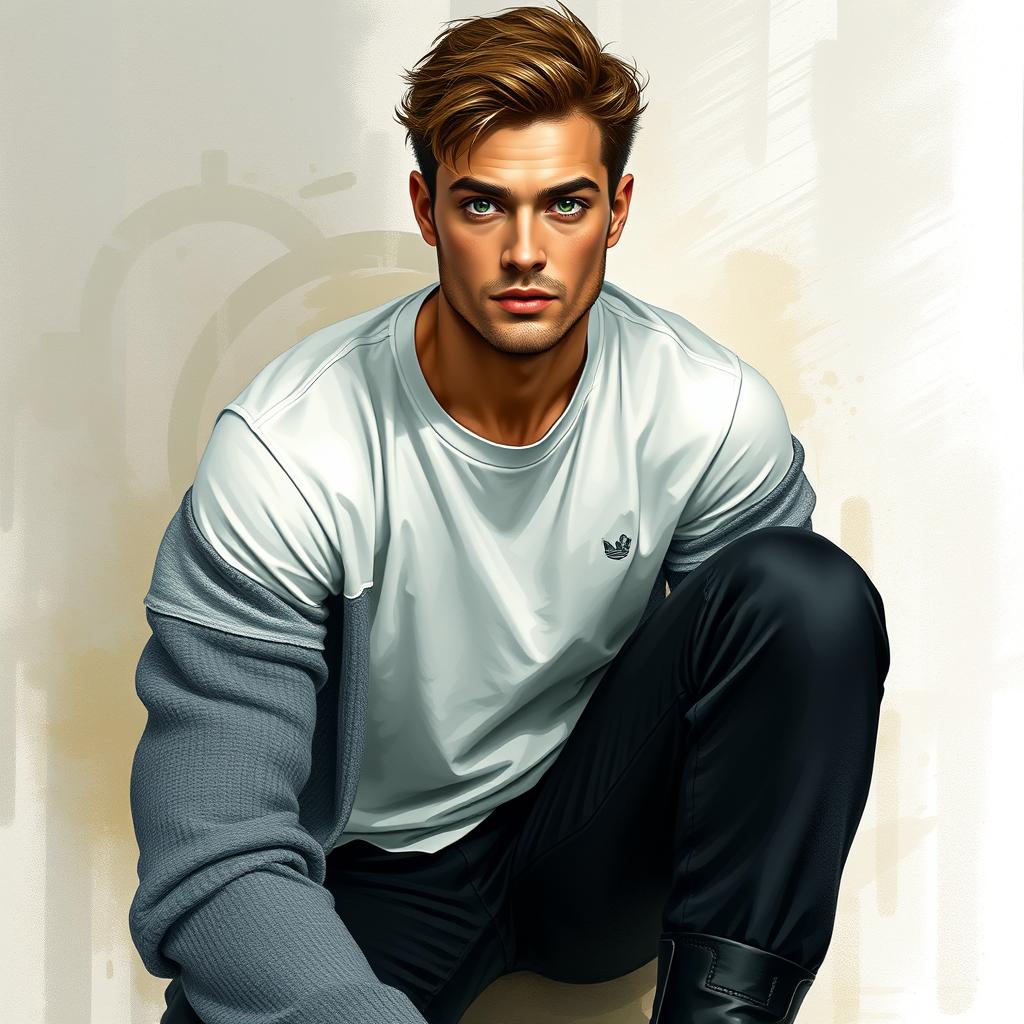 An artistic depiction of a man with captivating green eyes, dressed in a comfortable white T-shirt layered with a stylish gray sweater