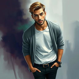 An artistic depiction of a man with captivating green eyes, dressed in a comfortable white T-shirt layered with a stylish gray sweater