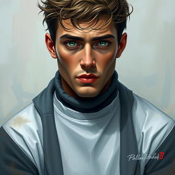 An artistic depiction of a man with captivating green eyes, dressed in a comfortable white T-shirt layered with a stylish gray sweater