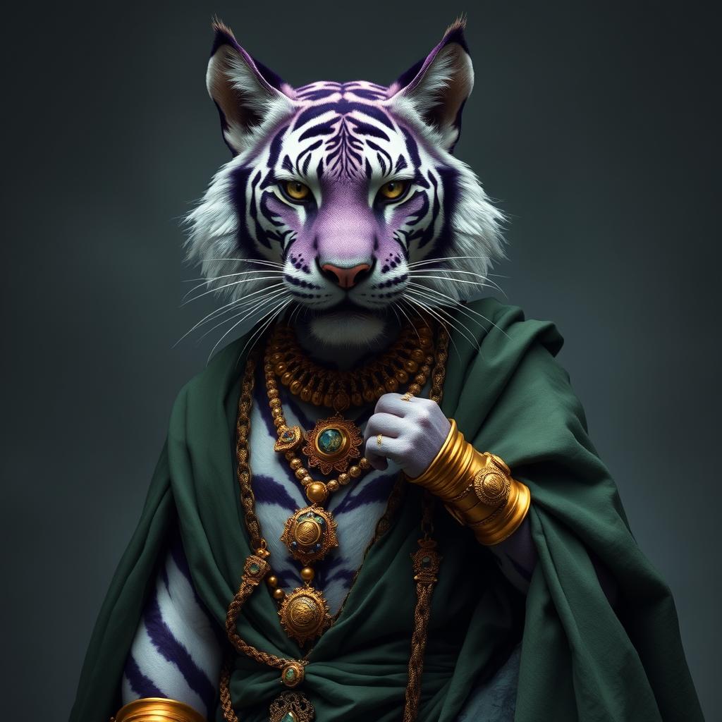 A purple and white tiger tabaxi warlock male, featuring striking tiger-like stripes