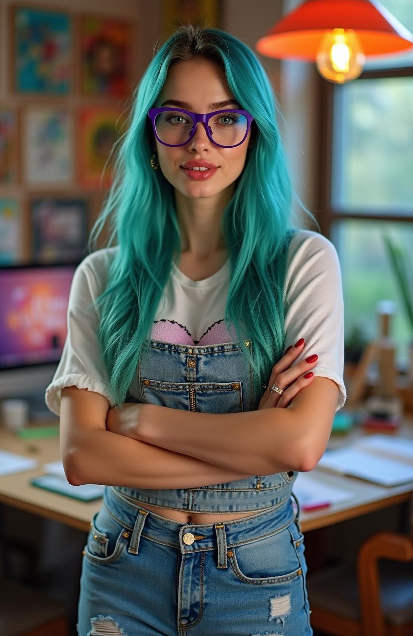 A professional quality full-body photo of a pretty Polish woman, 25 years old, with long teal-colored hair and full lips