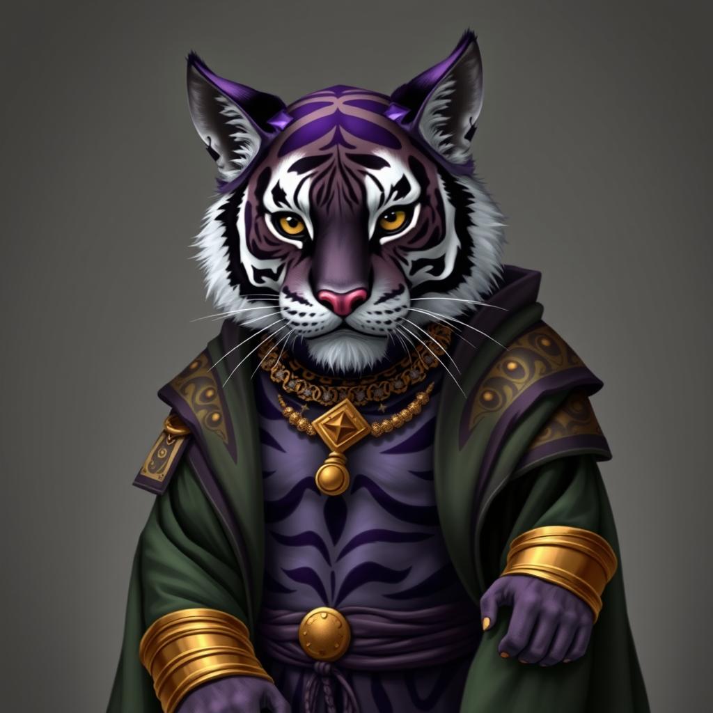 A charming dark purple and white tiger tabaxi warlock male, his fur characterized by exquisite tiger-like stripes