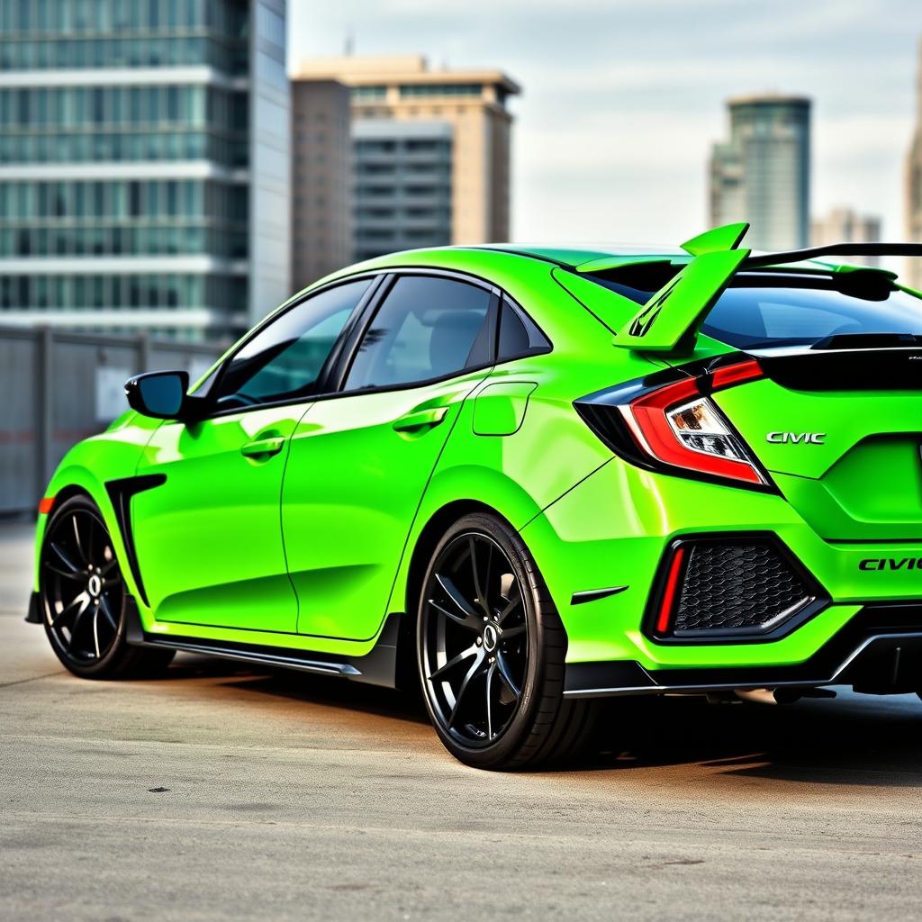 A 2019 Honda Civic with a vibrant green exterior, stylishly decorated with black accents