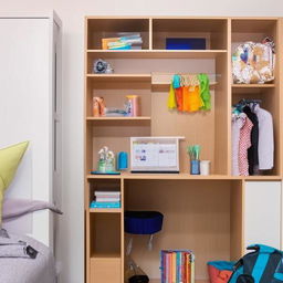 A student-focused 13ft x 8ft bedroom layout, optimized for study, rest and storage, inclusive of a space-efficient study table with organizing compartments, a comfortable bed, and creative display of student's favorite items.