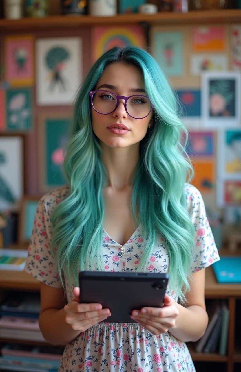 A professional quality full-body photo of a pretty 25-year-old Polish woman with long teal-colored hair and full lips