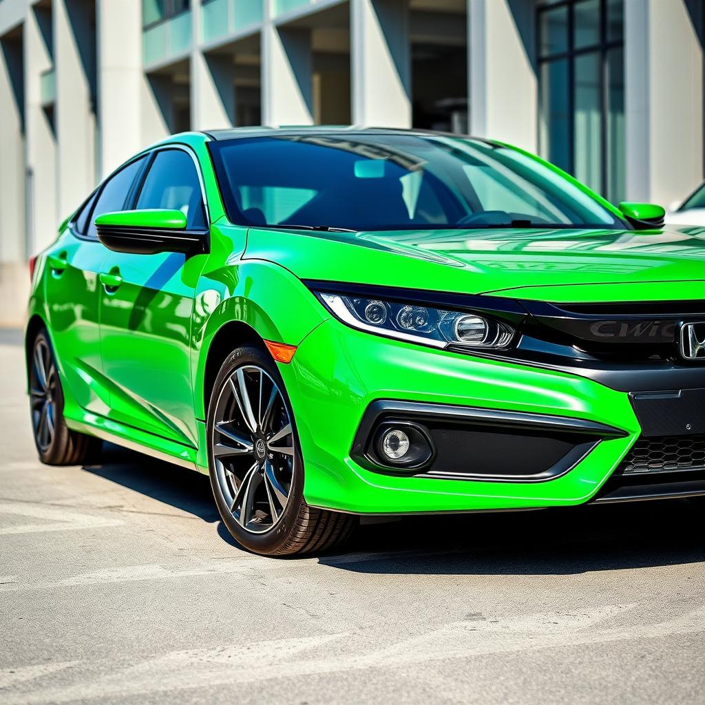 Un Honda Civic 2019 con un exterior verde vibrante, elegantemente decorado con detalles en negro