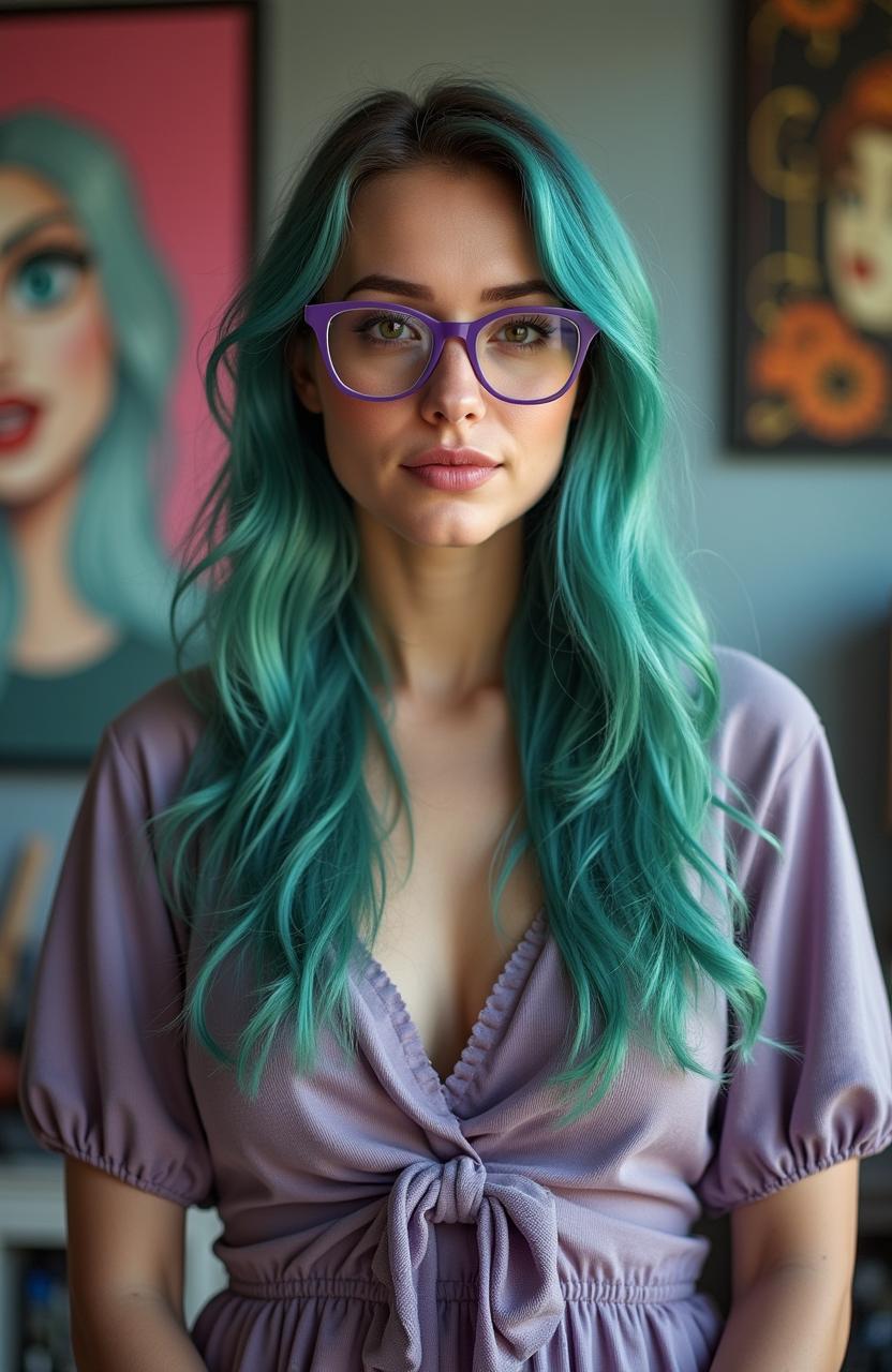 A professional quality full-body photo of a pretty Polish woman, 25 years old, with long teal-colored hair and full lips