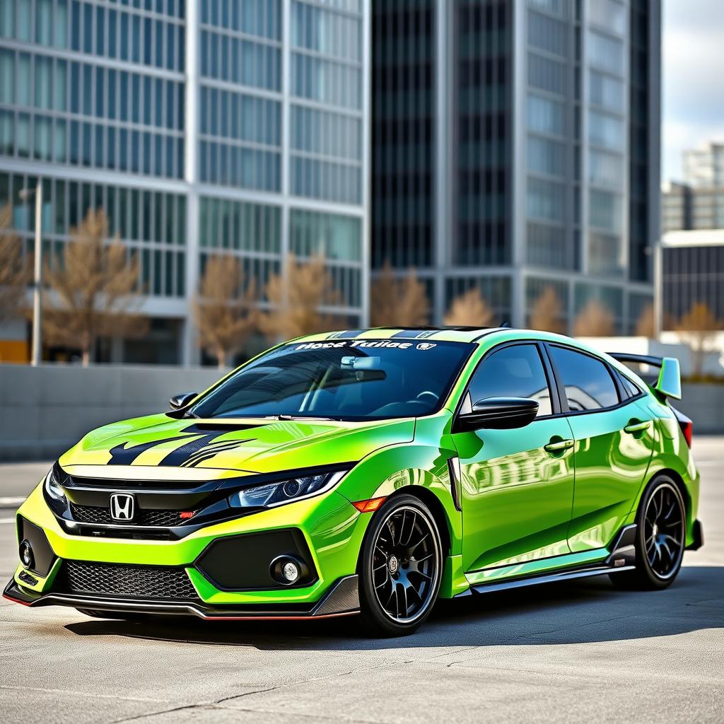 A customized 2019 Honda Civic with a vibrant green exterior and realistic black tuning details
