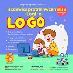 A vibrant and engaging poster for a children's programming class titled 'Основи програмування - LOGO', targeting kids aged 7 to 12 years
