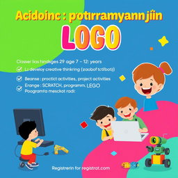 A vibrant and engaging poster for a children's programming class titled 'Основи програмування - LOGO', targeting kids aged 7 to 12 years