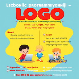 A vibrant and engaging poster for a children's programming class titled 'Основи програмування - LOGO', targeting kids aged 7 to 12 years