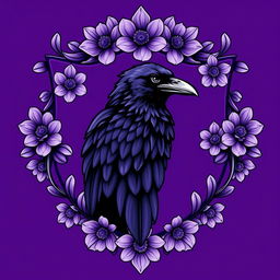 A striking purple crest with a majestic raven at its center