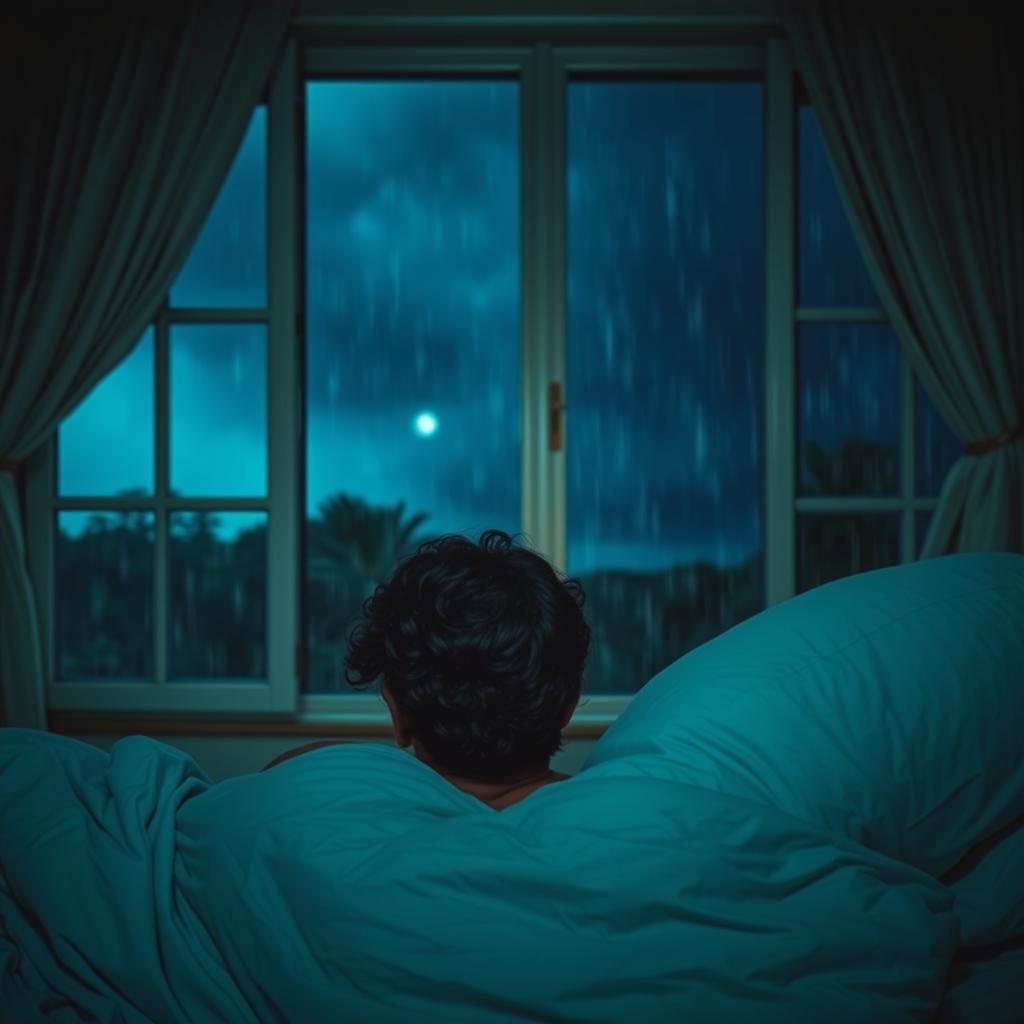 An Indian man with curly hair sleeping in his bed, his face turned away from the viewer