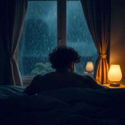 An Indian man with curly hair sleeping in his bed, his face turned away from the viewer