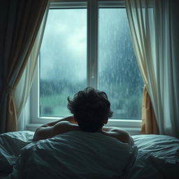 An Indian man with curly hair sleeping in his bed, his face turned away from the viewer