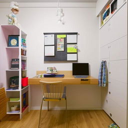 A student-focused 13ft x 8ft bedroom layout, optimized for study, rest and storage, inclusive of a space-efficient study table with organizing compartments, a comfortable bed, and creative display of student's favorite items.