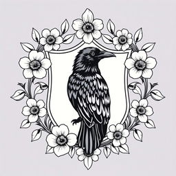 An elegant crest featuring a proud raven at its core, surrounded by beautifully blooming flowers that gracefully adorn the edges