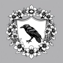 An elegant crest featuring a proud raven at its core, surrounded by beautifully blooming flowers that gracefully adorn the edges