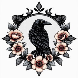 An elegant crest featuring a proud raven at its core, surrounded by beautifully blooming flowers that gracefully adorn the edges