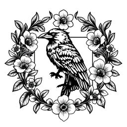 An elegant crest featuring a proud raven at its core, surrounded by beautifully blooming flowers that gracefully adorn the edges