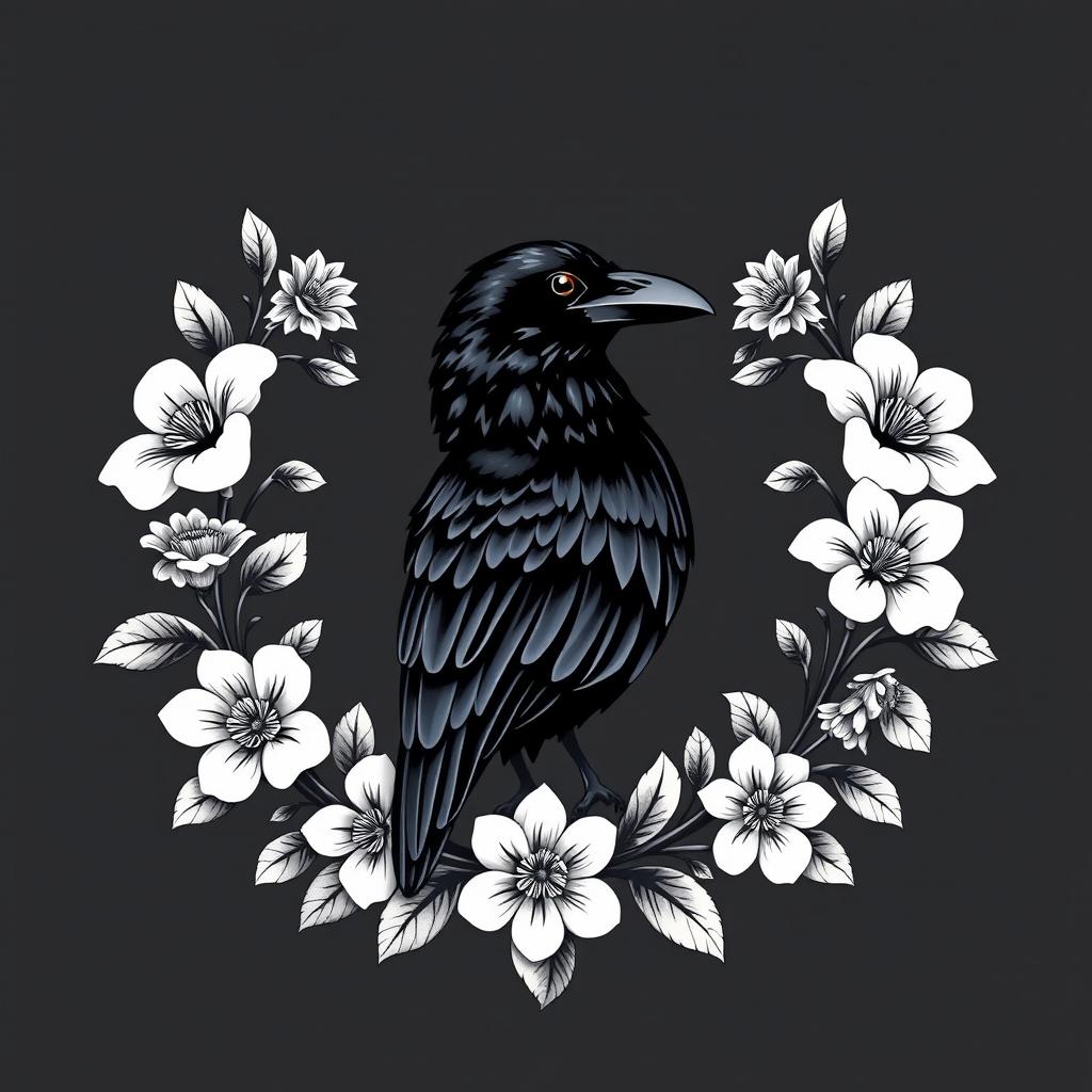 An elegant crest featuring a proud raven at its center, surrounded by beautifully blooming flowers that gracefully adorn the edges