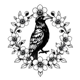 An elegant crest featuring a proud raven at its center, surrounded by beautifully blooming flowers that gracefully adorn the edges