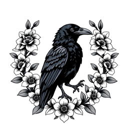 An elegant crest featuring a proud raven at its center, surrounded by beautifully blooming flowers that gracefully adorn the edges