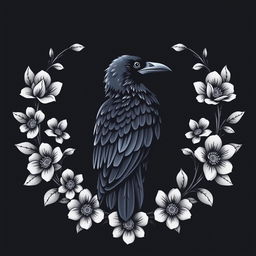 An elegant crest featuring a proud raven at its center, surrounded by beautifully blooming flowers that gracefully adorn the edges