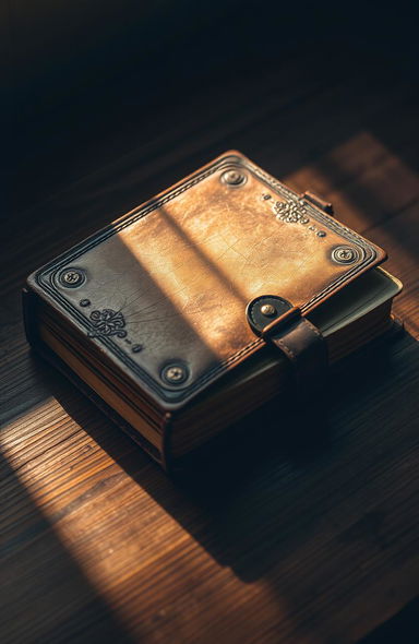 An aged and weathered diary with a cracked leather cover, its pages slightly yellowed with the passage of time