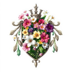 An exquisite crest featuring flowers blooming from within, filling the interior space with vibrant petals and delicate foliage