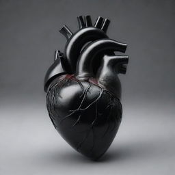 A realistic, highly detailed human heart rendered in a stark, glossy black color.