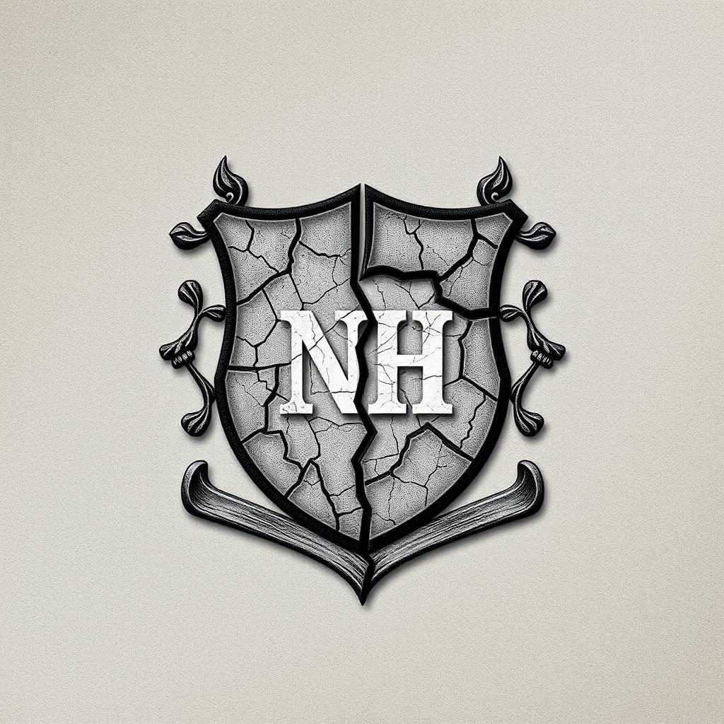 A broken crest, its pieces artfully separated to reveal the initials 'NH' at the center