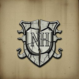 A broken crest, its pieces artfully separated to reveal the initials 'NH' at the center