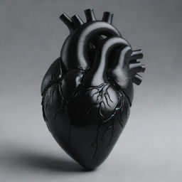 A realistic, highly detailed human heart rendered in a stark, glossy black color.