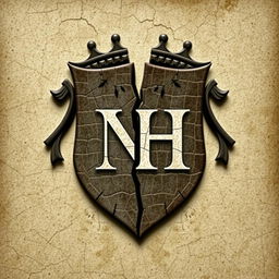 A broken crest, its pieces artfully separated to reveal the initials 'NH' at the center