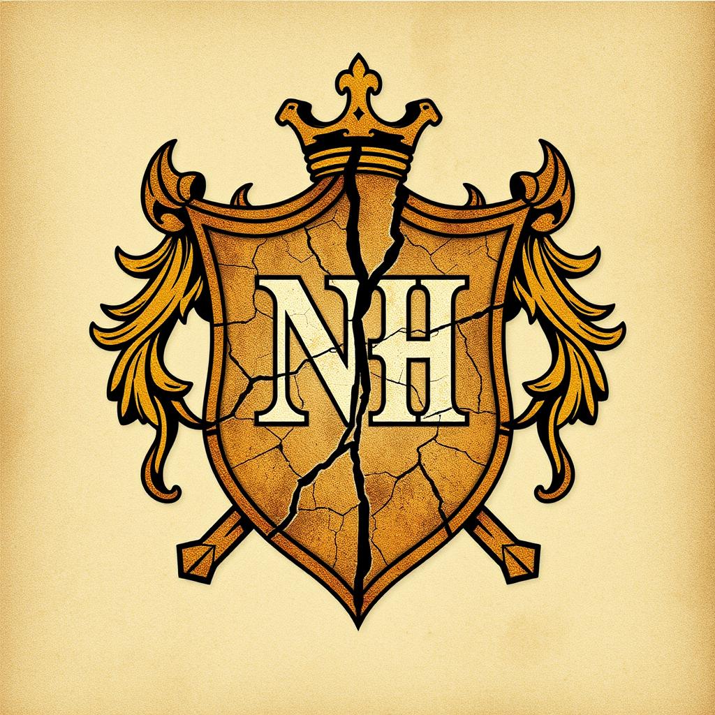 A broken crest, artfully split to reveal the initials 'NH' prominently at its center