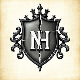 A broken crest, artfully split to reveal the initials 'NH' prominently at its center