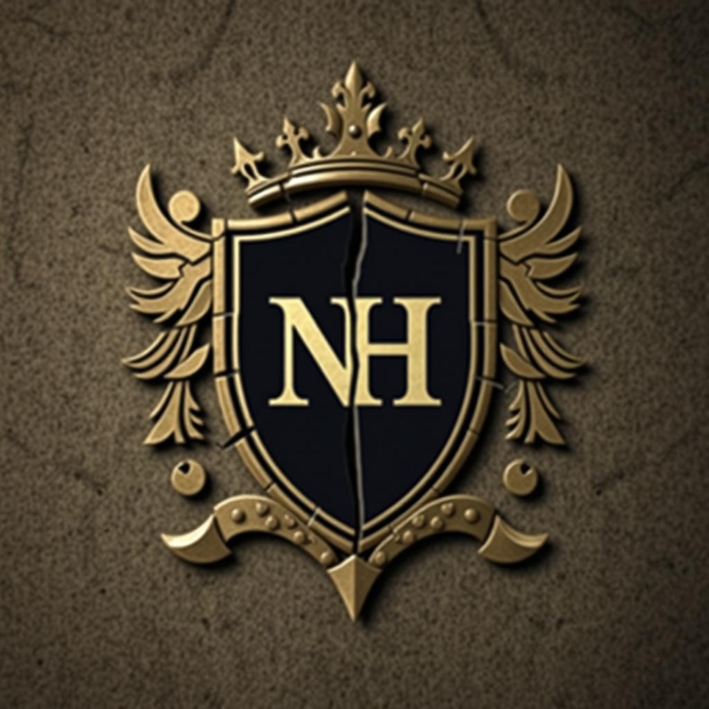 A broken crest, artfully split to reveal the initials 'NH' prominently at its center