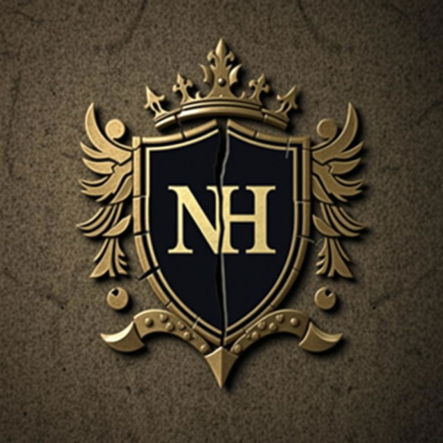 A broken crest, artfully split to reveal the initials 'NH' prominently at its center