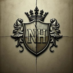 A broken crest, artfully split to reveal the initials 'NH' prominently at its center