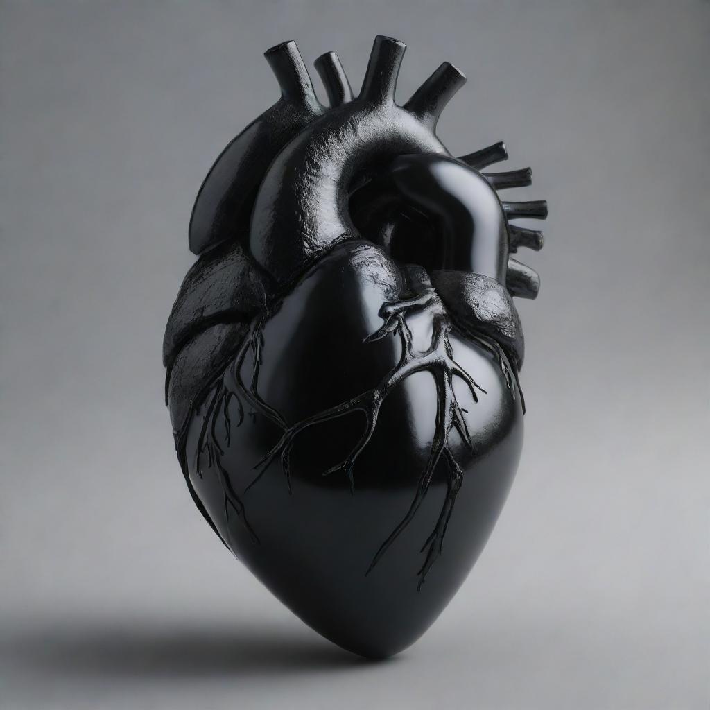 A realistic, highly detailed human heart rendered in a stark, glossy black color.