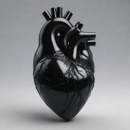 A realistic, highly detailed human heart rendered in a stark, glossy black color.