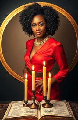 A woman with a chocolate complexion and a curly afro hairstyle stands confidently